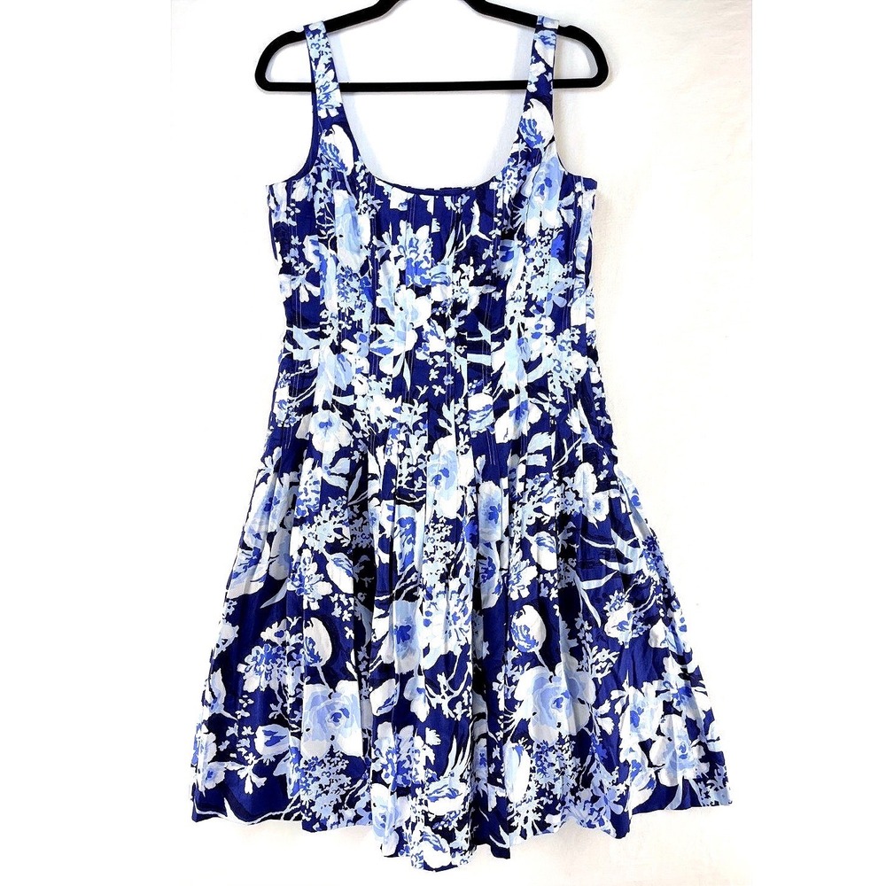 Ralph Lauren Blue Floral Fit Flare Midi Dress 10 Cottagecore Bloomcore Old Money